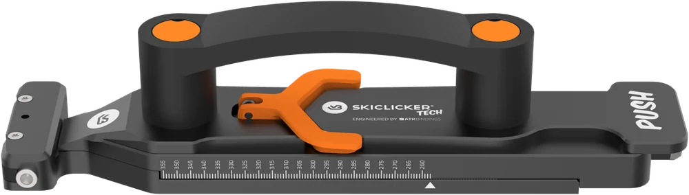 SkiClicker® Tech in profile, showing the full 255–355 mm sole-length range